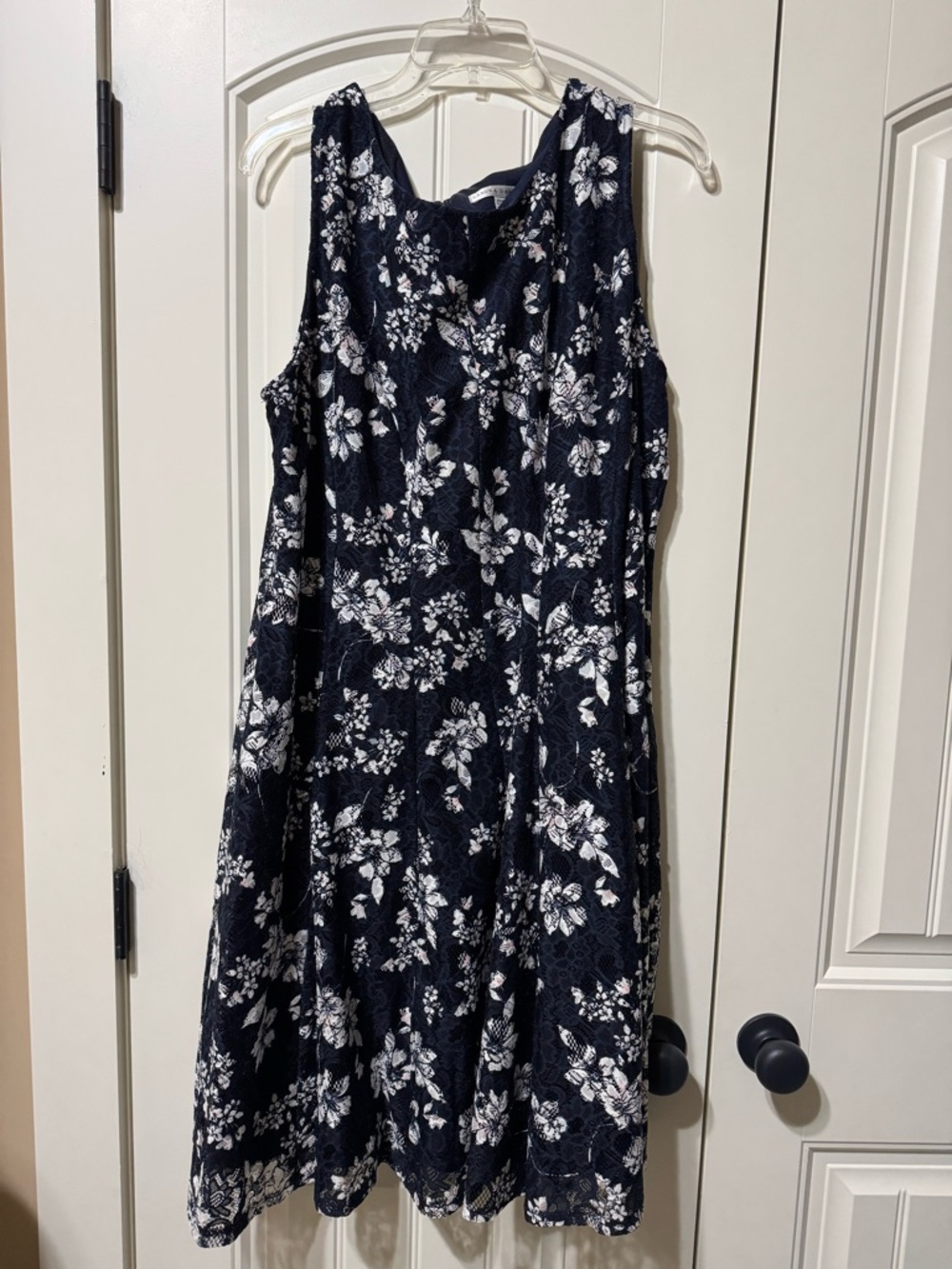 Sandra Darren Navy and White Floral Lace Midi Dress